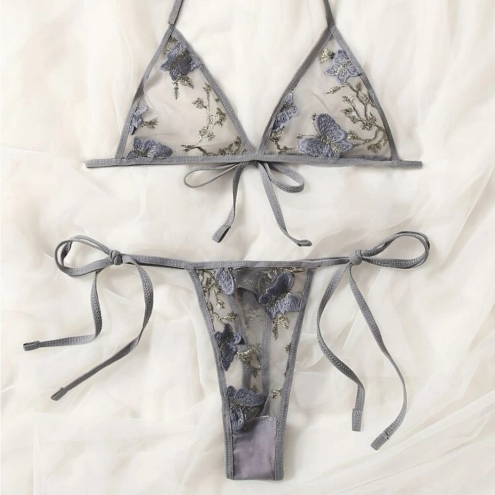 Grey Floral Sheer Lingerie set